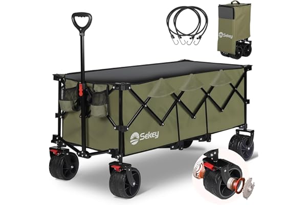 Sekey 特大容量300L 耐荷重200kg 【荷室の長さ120cm】 長物対応 キャリーワゴン 【幅10cmのブレーキ付き極太ノーパンクタイヤ】 【ベアリング付き】 深型 【収納サイズが類似品で最小級】 ワンタッチ収束型 自立収納 アウトドアワゴン キャンプ・釣り・運動会 キャンプカート カーキグリーン