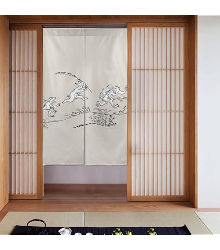 鳥獣戯画　４連暖簾　麻　楽風 Amazon.co.jp: 暖簾（のれん） 麻100％ 鳥獣戯画 日本製 120cm n