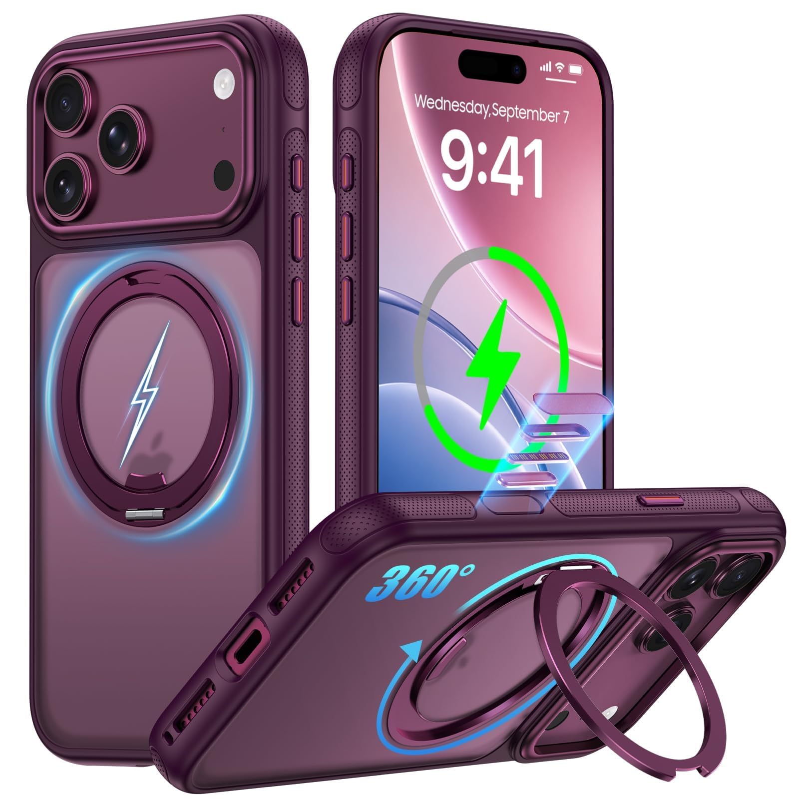 OURJOY iPhone 18 Pro/17 Pro 用 ケース MagSafe対応 360度回転スタンド 微細なドット マット感「バーガンディ」 | アイフォン18 プロ / 17 プロ カバー カメラコントロールボタン付き 絶妙なトルク感リング