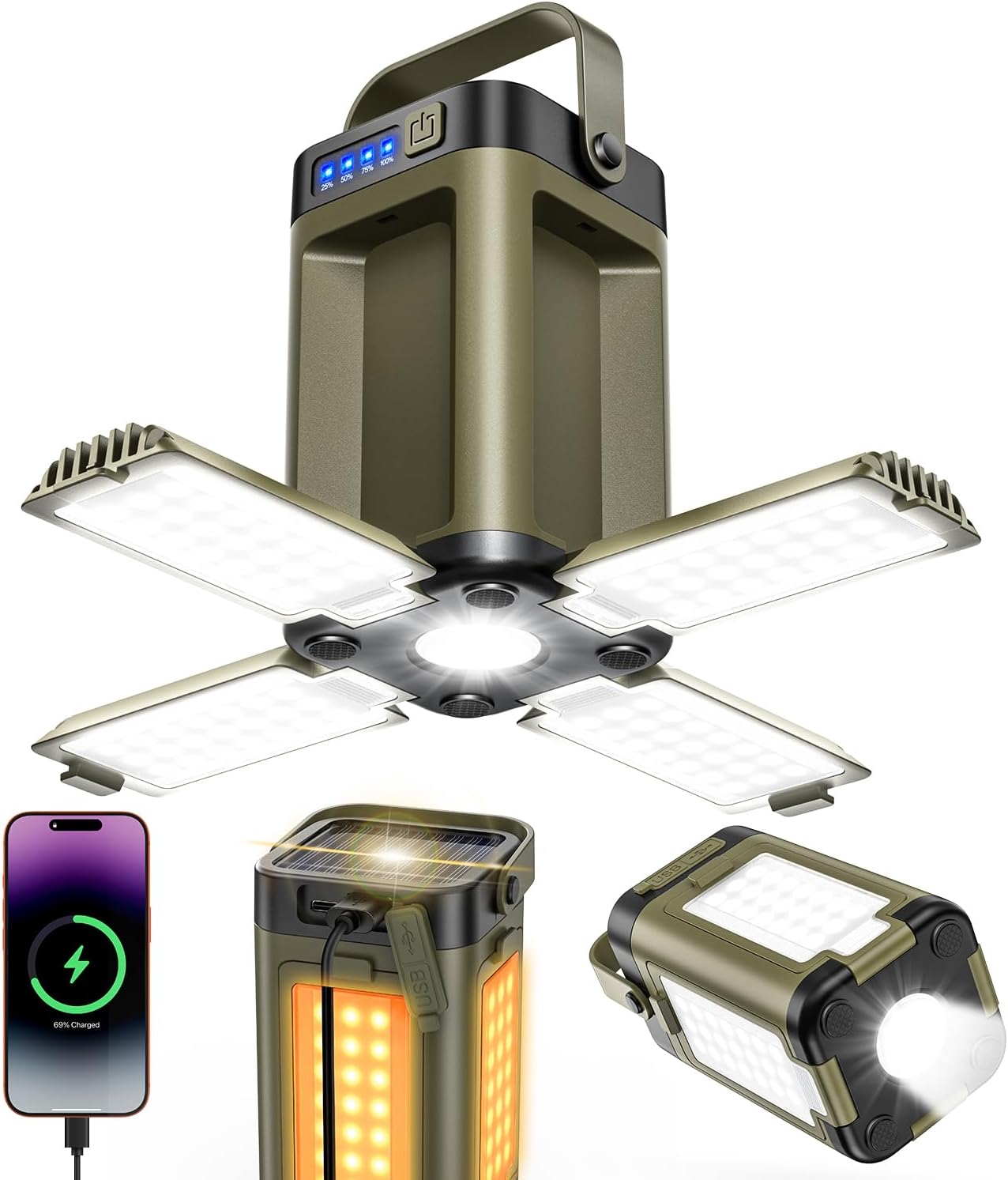 LED ランタン 充電式 【ソーラー充電・5面同時照射・2400ルーメン高輝度】 キャンプランタン ソーラー充電 キャンプ ライト ソーラーランタン | ランタン 軽量 小型 モバイルバッテリー機能 6000mAh大容量 折り畳み式 持ち運びやすい 7つ照明モード 360°照明 IPX6防水 懐中電灯 登山 夜釣り 車中泊 防災用品 アウトドア用品