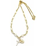 LESLIE BOULES Rosary Bracelet for Women White Crystal Beads Chain Miraculous and Tiny Cross Pendants