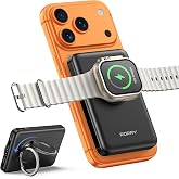【最強 3in1ワイヤレス充電】RORRY モバイルバッテリー magsafe対応 小型 軽量 (10000mAh 15W 1.8cm薄型) アップルウォッチ 充電器 マグセーフ マグネット式 (スマホリング付き/スタンド・回転可能) For App