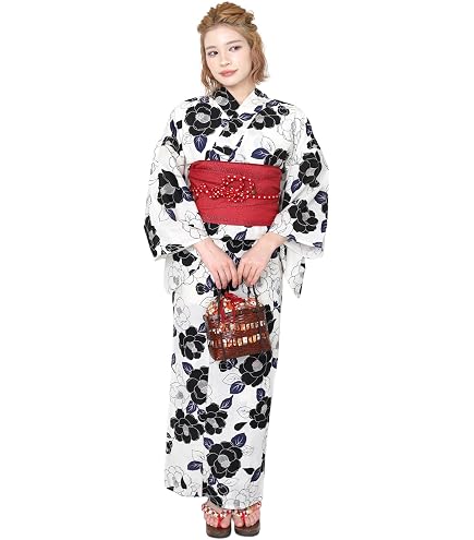 Amazon.co.jp: 浴衣 綿麻 粋な夏着物 菊柄 黒 半幅帯 蜂巣赤 草履 3点
