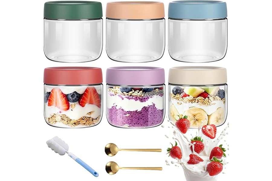 6 Pack 350ML Overnight Oats Container Jar with Airtight Lid, Freezer Dishwasher Safe Glass Food Storage Containers, Meal Prep