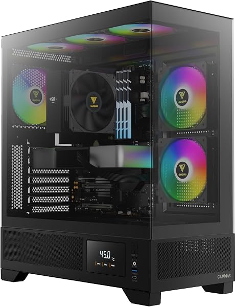 GAMDIAS ミドルタワー ゲーミングPCケース | ディスプレイ&アプリ対応 | ATX強化ガラス製 | 3x120mm ARGB PWMファン内蔵 | 最大RTX 4000 GPU/VGA 410mm対応 | 360mm AIO/ラジエーター&最大6x120mmファン&160mm CPUクーラー対応 - 1