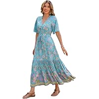 OSTOO Women's Boho Floral Maxi Dress - Sleeveless, Tiered, Flowy Long Dress, Green