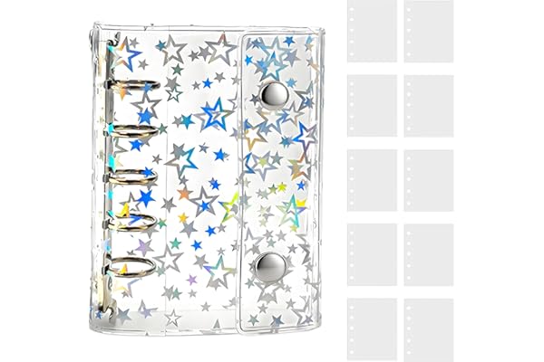 Hueapion シール帳 透明 女の子 はがせる m5 シール バインダー シール手帳 クリアバインダー 5穴 マイクロ5 シール収納 推し活グッズ （ホログラム星柄入り）