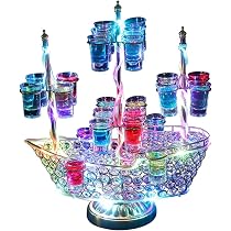 【美品】テキーラ観覧車 船 LED カクテルグラスホルダー 24カップ Amazon｜テキーラ船 ワイングラス24個付き テキーラ観覧車 LED酒ボトル