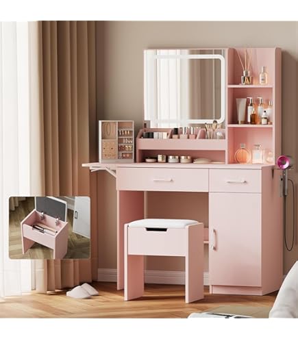 Amazon｜KJUUJEドレッサー LED化粧台 テーブル 鏡台 ライト付き