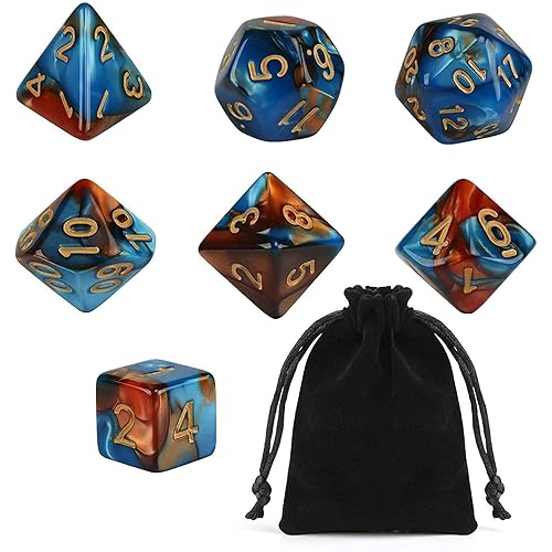 GWHOLE 7 PCS Polyhedral Dice Set Dungeons and Dragons Table Game Dice for D&D, DND, GRP with Black Pouch, Orange & Blue