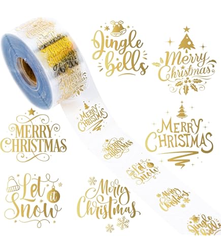 Whaline 1200Pcs Christmas Clear Stickers 6 Styles Foil Gold Transparent Round Label Stickers 1.5in Snowflake Xmas Tree Pattern Stickers For Xmas