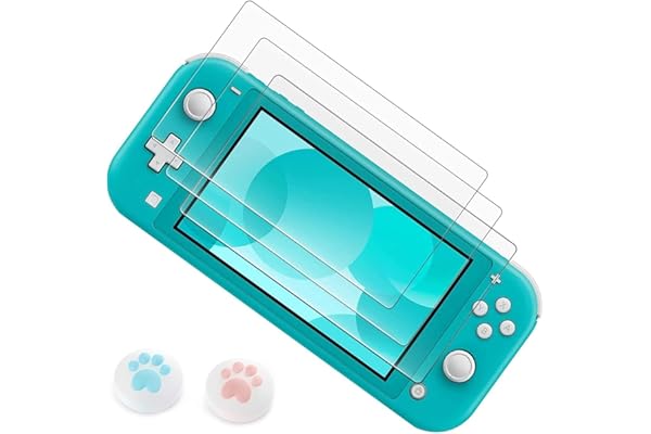 Switch Lite用 ガラスフィルム 強化 ガラス 保護 フィルム ブルーライトカット 目の疲れ軽減 日本旭硝子素材 高透過率 強靭9H 撥水撥油 指紋防止 飛散防止 気泡ゼロ 貼り付け簡単 親指グリップキャップ*2個付き（3枚入り）