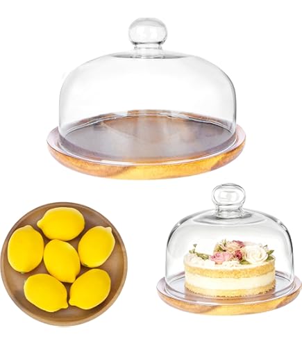 ANBOXIT Cake Stand With Dome Lid, Acacia Wood Cake Plate With Cover, Wooden Cake