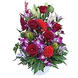 フラワーギフト フラワーアレンジメント 華やか 百合ユリとバラ 季節の花 (赤基調)1個-画像配信サービス付き(3/27-4/1、5/1-5/22は配信不可)-
