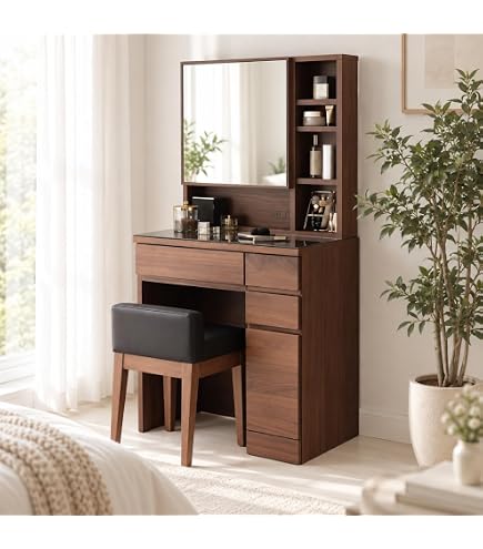 木製三面鏡ドレッサー 引き出し付き 専用スツール付き 化粧台 収納家具 ブラウン Amazon｜[開梱設置サービス付き] ドレッサー 三面鏡 ウォールナット