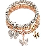 Greendou Stretch Bracelets 3PCS Gold/Silver/Rose Gold Corn Chain Crystal Butterfly Charms Multilayer Bracelets for Women