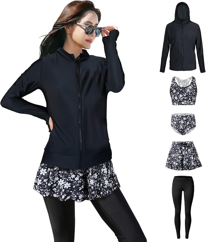 【ARMOTO】フィットネス 水着 レディース 体型カバー 女性 タンキニ 5点セット レギンス 長袖 前開き セパレート スイミング パンツ ブラ …