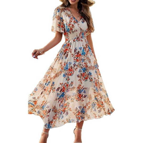 LYANER Women's V Neck Button Front Dress - Tie Waist Ruffle Hem Midi