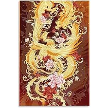Amazon.co.jp: 絵画 龍と鳳凰が吉兆を演出インテリア 絵画 黄金