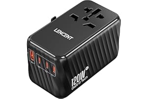 LENCENT Universal Travel Adapter, 120W GaN International Fast Charger with 3 PD3.0 Type C+1 QC USB A, All in One Power Adaptor for iPhones,Laptops, Worldwide Plug Adapter for EU/USA/UK/AU, Black