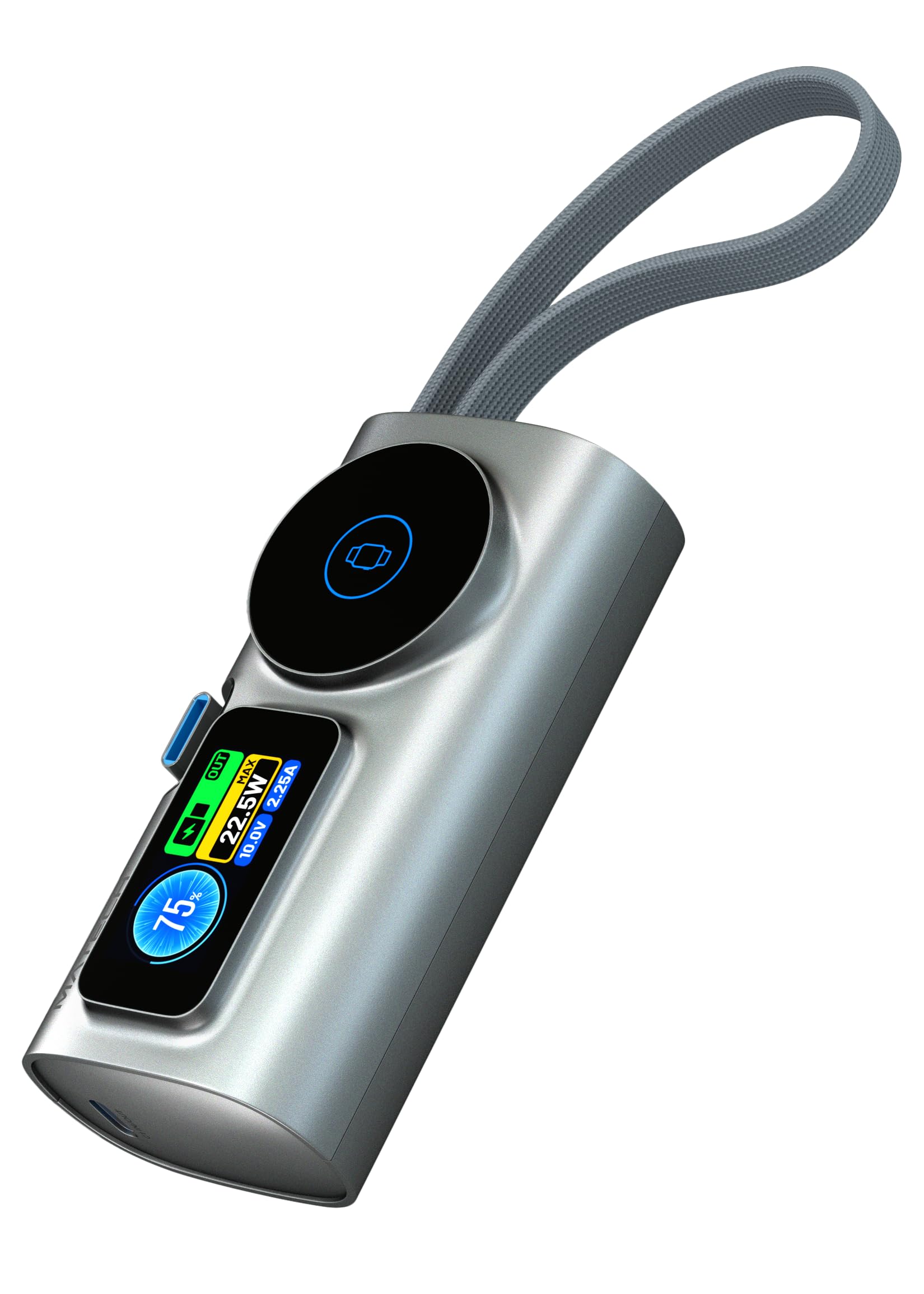 MATECH PowerNano Watch 5000 (22.5W, USB-Cケーブル & コネクタ一体型) モバイルバッテリー 5000mAh 軽量 小型 コンパクト【USB-C一体型】iPhone18/17/16/Switch2対応 (シルバ