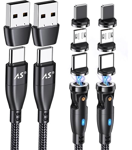 AUFU 60W Magnetic Charging Cables 2-Pack - 360° Rotating USB C/Micro USB Fast Charging