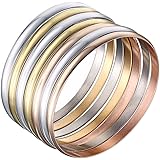 Castillna Set of 7 Tri-Color Silver/Gold / Rose Gold Stainless Steel Bangle Bracelet