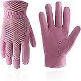 HANDLANDY Leather Gardening Gloves for Women, 3D Mesh Comfort Fit, Scratch Resistance Garden Working Gloves for Vegetable or 