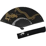 [ハセガワ] 京扇子 紳士用 龍 黒地 金色 黒染石州中彫 扇子 袋付き 化粧箱入り