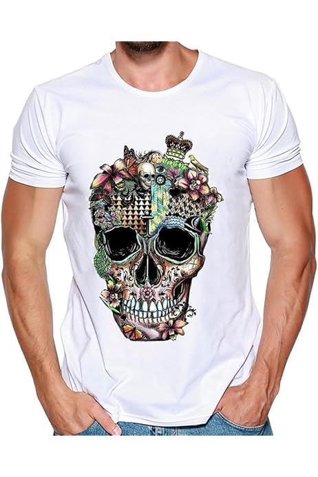 Amazon Hanaturu Tシャツ メンズ おしゃれ おもしろ ホワイト 格好いいプリント柄 人気 花と髑髏 メンズプリントtシャツ 夏最適 ファション ホワイト 友達彼氏 プレゼント ｓ 4ｌ 大きいサイズ 3xlブルー Tシャツ カットソー 通販