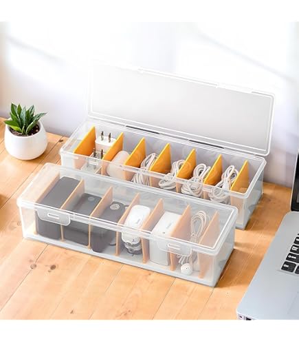 4-Pack Clear Cable Organizer Boxes With Lids & Dividers - Desk Cord Management