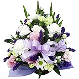 お供え お悔み 法要 四十九日 生花 フラワーアレンジメントMサイズ リボン 入り 高さ35cm (リボンの色：紫)