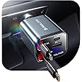 MAGIC JOHN Cigarette Lighter Socket, Car Charger, 4 in 1 QI2.0, 30 W, Rapid Charging, Retractable Type, Angle Adjustment, Compact, Car Charger, Compatible with DC12V/24V, Overheating Treatment, Heat