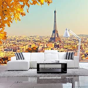 Amazon 壁紙3d秋エッフェル塔メープルリーフ写真壁画リビングルームの寝室の背景の壁の装飾 480cm W X290cm H 壁紙