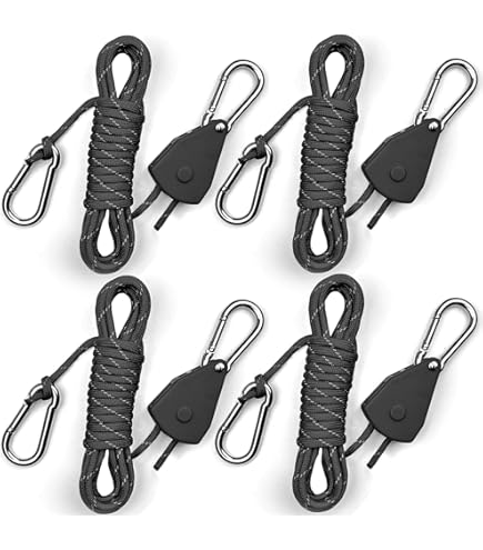TDDL 4Pcs Heavy Duty Ratchet Ropes 1/8 Inch Adjustable Grow Light Rope Hangers Ratchet With Carabiner Hook Clip For Grow Room Equipment,Flowers, Plants 6-ft Long & 150lbs Weight Capacity - View #7