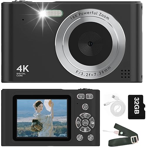 デジタルカメラ デジカメ 4800万画素 トイカメラ キッズカメラ 1080P動画撮影 16倍ズーム 手振れ補正 セルフタイマー 連写 ミニカメラ 軽量 学生 修学旅行 撮影初心者向け 32Gカード付属 (ブラック)