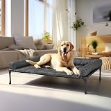 Veehoo犬 ベッドペットベッド小中型犬 ベッド高架犬用ベッドドッグコット + 防水取り外し可能ピロートップマット、ボルスター犬用簡易ベッド、通気性メッシュ付き隆起ペットコット、滑り止め足、屋内屋外用犬用ソファベッド犬 コット-81*64 cm ブラック＆シルバー