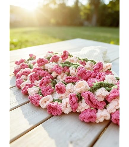 Amazon｜ピンクの花束ブランケット、手作りかぎ針編みの花ブランケット