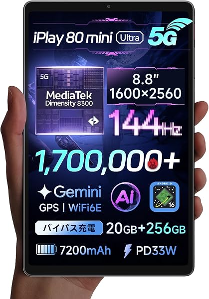 【世界初の5G通信ミニタブレット】ALLDOCUBE iPlay 80 mini Ultra 8.8インチ タブレット Android16 Dimensity 8300 5G通信 バイパス充電 顔認証 144Hz 1600×2560解像度 20GB+256GB 7200mAh PD33W WidevineL1 ジャイロ 電子コンパス WiFi6E BT5.3 アンドロイドタブレット - 1