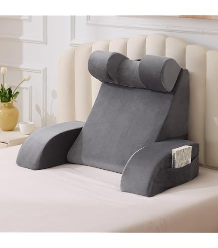 StarAneer Reading Pillow For Sitting In Bed - Grey Velvet Backrest With Arms, Size Large, For Dorms & Adults - View #7