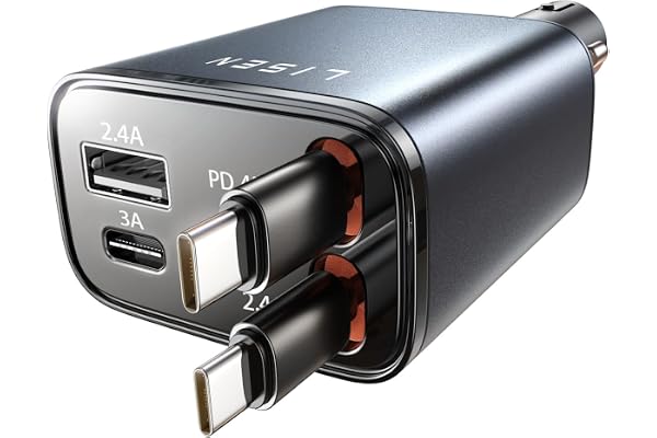 LISEN 84Wシガーソケット usb c 車 充電器【巻き取り式・タイプc 2本・2026最小4in1設計】しがーソケット usb 急速充電 | 80cm ケーブルC カーチャージャー PD3.1/QC/PPS対応 車12/24V対応 カー用品