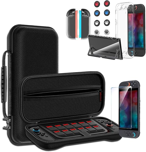 Switch 2 専用 ケース Sungale 収納ケース+ガラス保護フィルム+スティックキャップ8枚+分体式設計 PCカバー+ TPUグリップカバー 12ゲームカードスロット 大容量 収納バッグ 耐衝撃 防塵 全面保護 防水 (ブラック) - 1