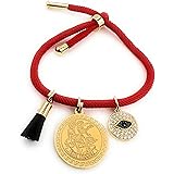 LESLIE BOULES Saint Michael Archangel Gold Medal Red String Bracelet Charm Evil Eye & Genuine Azabache Hand, Medium, Metal, C