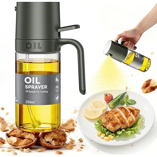オイルスプレー オリーブオイル 【日本JFSL370認証】 スプレーボトル 250ml 霧吹き 耐熱ガラス オイル噴射管付属フィルター 液だれしない 垂れない 残油ゼロ設計 醤油 油スプレー 料理用 キッチン用具 食用油 (グレー)