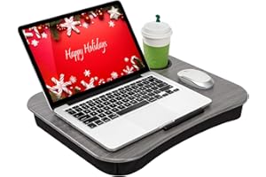LapGear Cup Holder Lap Desk with Device Ledge - Gray Woodgrain - Fits up to 15.6 Inch Laptops - Style No. 46325