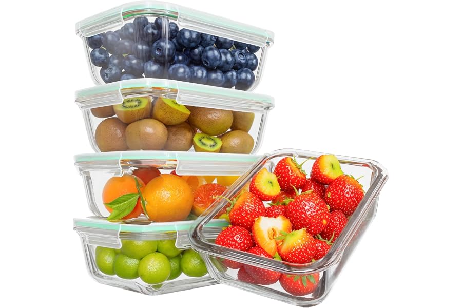 Feshory 5 Pack 1040ml Large Size Glass Food Storage Containers with Lids | Leakproof, With Air Vent, Meal Prep Container, Bor