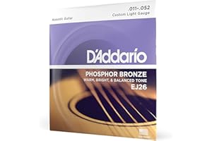 D'Addario Guitar Strings - Phosphor Bronze Acoustic Guitar Strings - EJ26 - Rich, Full Tonal Spectrum - For 6 String Guitars - 11-52 Custom Light
