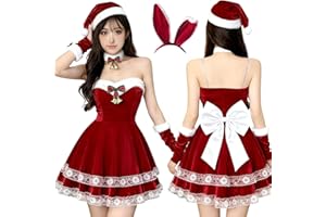 [Goreson] サンタ コスプレ うさぎ 可愛い バニーガール セクシー レディース サンタコス 衣装 ワンピース サンタ帽子 クリスマスコスプレ コスチューム ミニスカサンタ 6点セット 3色選択可能