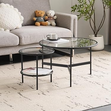 ブラック】 丸型センターテーブル2点セット 直径70/40cm カフェテーブル