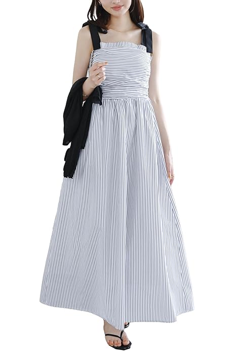 Amazon.co.jp: ロングワンピース リボン ロング ストライプ ショルダー 